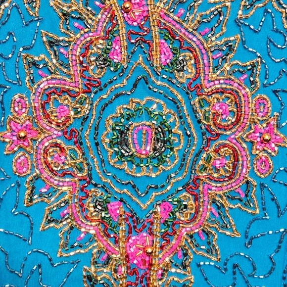Adrianne Papell Turquoise Silk Pink & Gold Lavishly Beaded VTG 90s Evening Dress - Picture 4 of 12